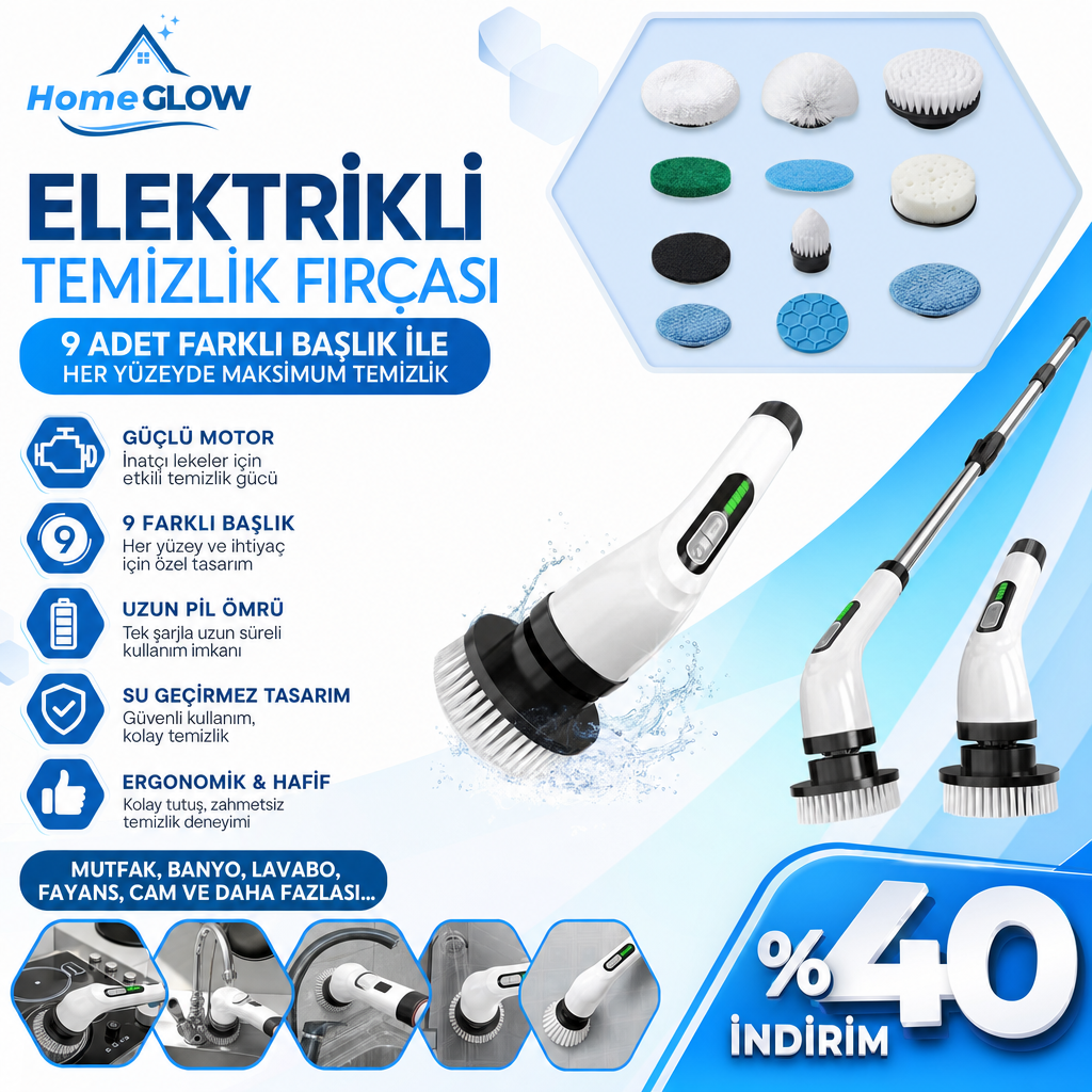 HomeGlow™ Elektrikli Temizlik Fırçası — 9 Başlıklı, Güçlü Motor, Şarjlı & Kablosuz